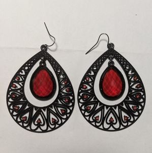 Black Filigree Earrings w/ Red Jewels